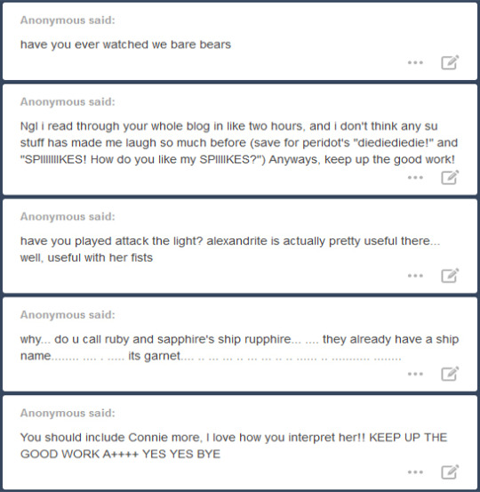 Anon answer time! I’m starting this one with a little bit of explanation for how I wrote Opal that one time, since a few people asked. If that interests you, find it under the cut!Oh, fine, I’ll divulge all of my secrets. Here’s the story: I went