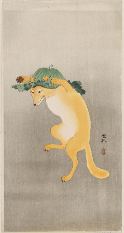 Title: Dancing Fox with Lotus-leaf HatArtist: Ohara KosonDate: 1900-s-1910sMedium: Woodblock printSi