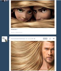 best-of-funny:  thatfunnyblog:  Thor does not find it amusing when Rapunzel and Flynn hide in his hair.  X