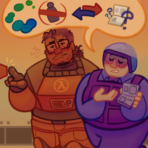 Benrey following and bothering Gordon, a speech bubble above their head with symbols representing all their rules and gripes. Gordon's scowling and pushing a wall button.