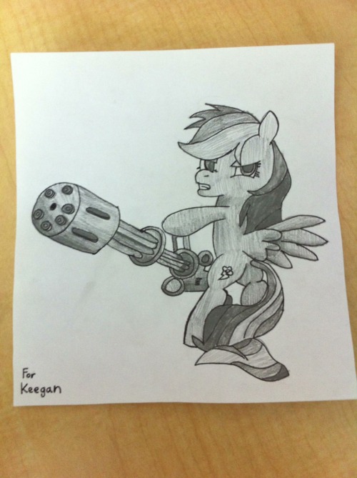 OMG my friend made me a Rainbowdash with a mini gun!  Thanks sky!   … He says its based on a drawing called “Buck You” on DA. 