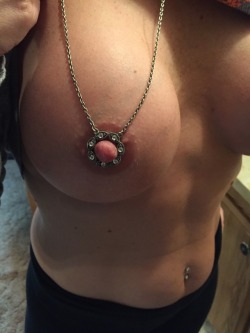 voyeurmeetsexhibitionest:  One of my followers asked if my nipple would fit in the center of the necklace I was wearing Friday. What a great idea, here you go. 😘