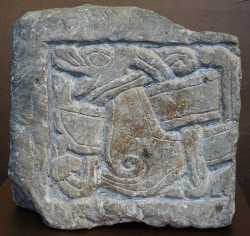 Viking related artefacts from the Yorkshire Museum, York, 27.8.16. Items include a carved weight, an