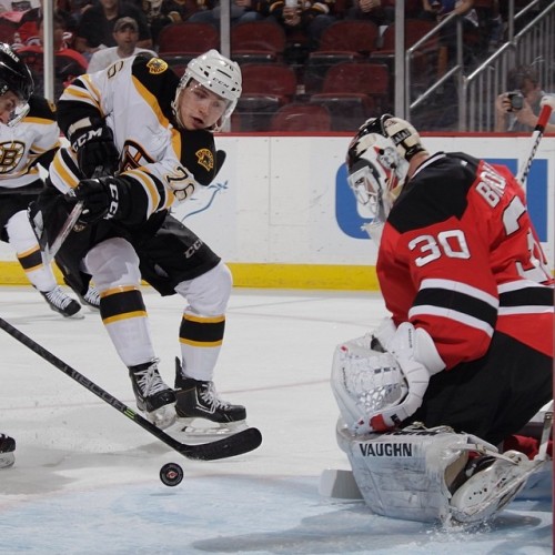 Alexander Khokhlachev puts a shot on Martin Brodeur in his NHL debut in New Jersey. #NHLBruins