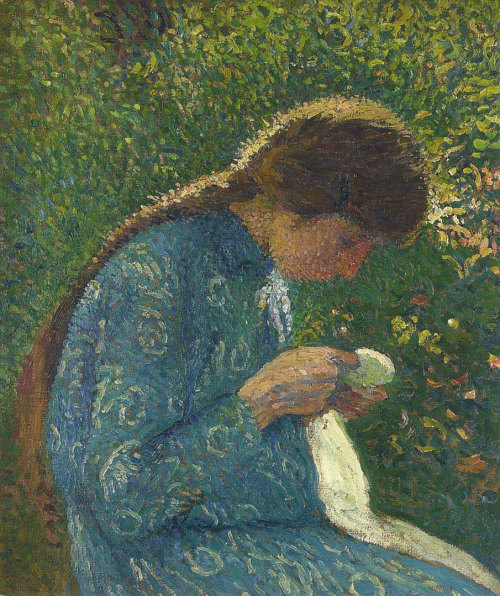 A Young Woman Sewing, Henri MartinMedium: oil,cardboard