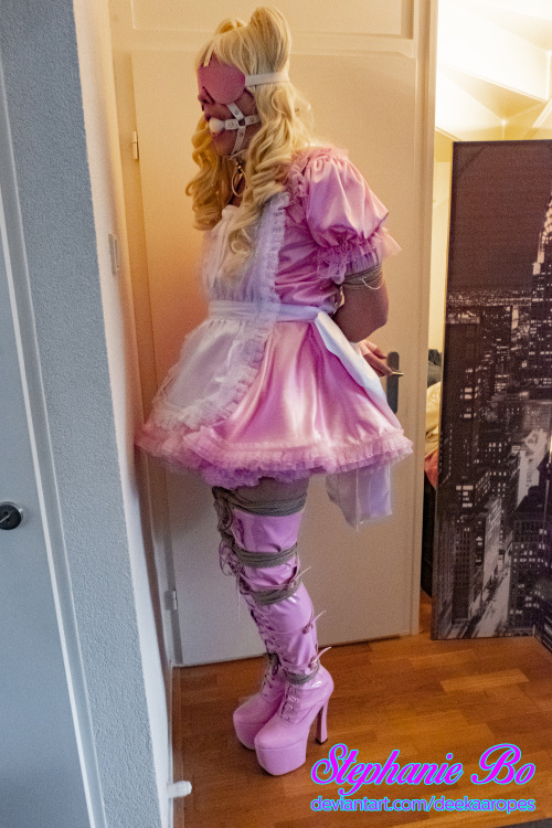 Pink Sissymaid Stephanie Bo standing in the Corner, Bound and Gagged.Not going anywhere.