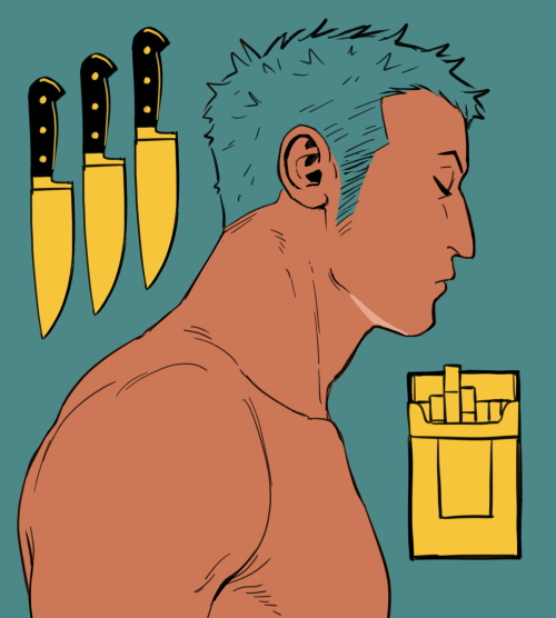 roronoa zoro in profile with static items that resemble sanji framing his face; three knives floating behind his head as a parallel to his three earrings, and a pack of cigarettes under his chin