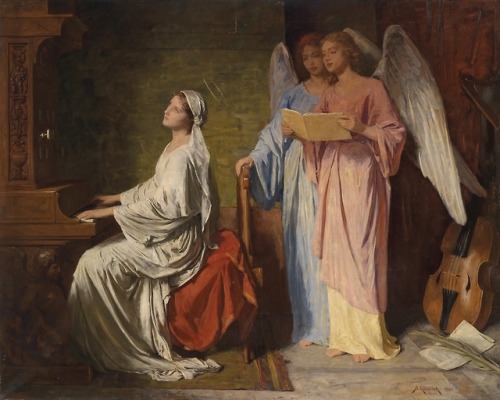oldpaintings:St. Cecilia playing accompanied by angels, 1886 by Simon Glücklich (German, 1863–1943)