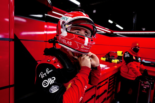 maranello: BARCELONA, 2022 — Charles Leclerc in the Ferrari garage during day one of test