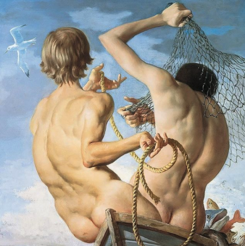 alanspazzaliartist:  ohn Currin, Fishermen, 2002. Oil on canvas, 50 x 41 in.John Currin (born 1962) is an American painter based in New York City. He is best known for satirical figurative paintings which deal with provocative sexual and social themes