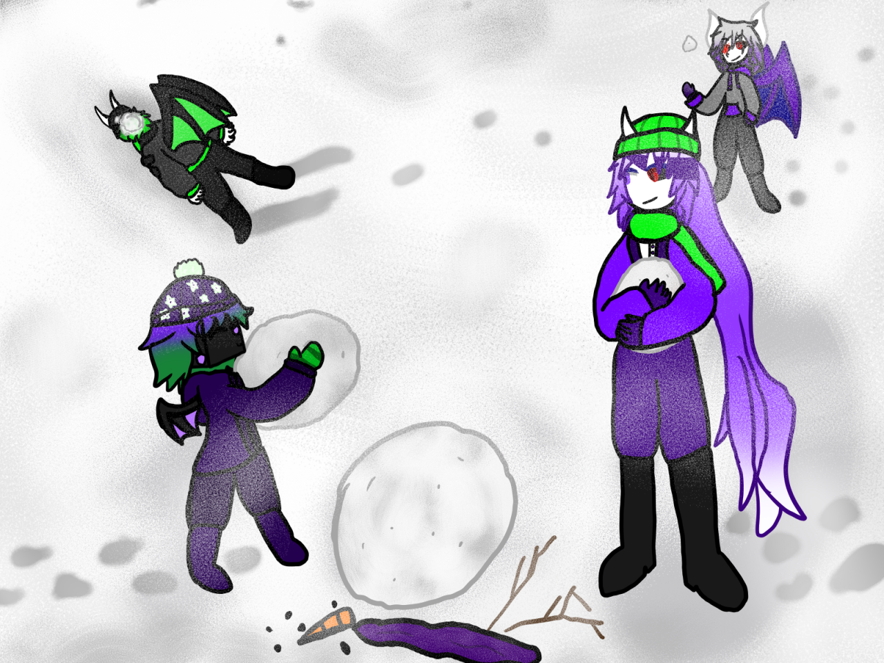theres snow out so i decided to draw dev lily die and huntress out in the snow #Die#Lily#Dev#Huntress#ship child#devildice shipchild#Cuphead#cuphead ocs