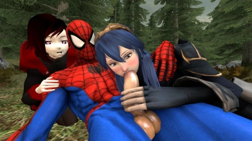 Ruby Rose enjoying the view as she watches Lucina blowing Spider-Man