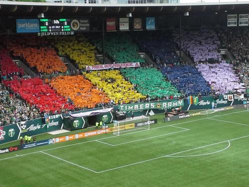 lgbtlaughs: shawnlevy: Pride not prejudice #rctid Portland Timber Soccer Fans Take Colorful Stand Ag