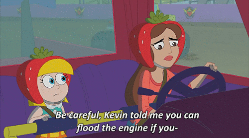Gretel and her mother Carolina sit in a monster truck, which has stalled. Gretel looks worried and says "be careful! Kevin told me you can flood the engine if you-"