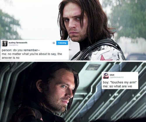 livebloggingmydescentintomadness:tweet meme: bucky barnes edition