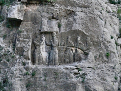 ancientart:Sasanian rock relief of Firuzabad II, showing the investiture of King Ardashir I. Dated t