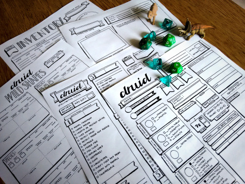 rpgtoons:My girlfriend made these amazing hand-drawn class-specific character sheets that can be used to play 5th Edition. All 12 base classes are represented and they’re all customized to have everything you need to play that’s not found on the basic