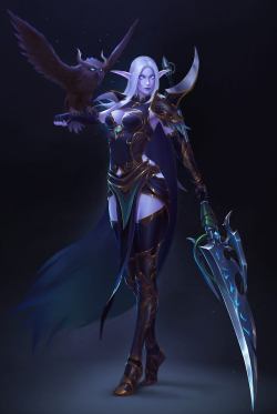 Night elf with sword and owl: World of Warcraft game digital art [Artist: Fan Foxy]