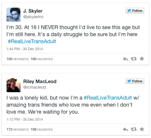 micdotcom:  These powerful #RealLiveTransAdult tweets are showing trans youth, you’re not alone   Heartbroken by reports of Leelah Alcorn’s suicide, Oakland-based comedian Red Durkin started the hashtag #RealLiveTransAdult. Durkin told Mic that she