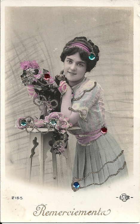 Pretty Edwardian card c1910s with pastel colours embellished with gold glitter detail and sequins.