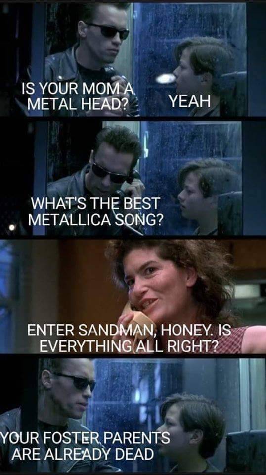 Best Metallica song Enter Sandman Terminator foster parents dead Arnold Schwarzenegger meme heavy metal memes