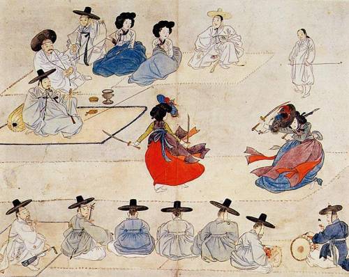 fyeah-asian-history-art:Dance with two swords(쌍검대무,雙劍對舞)Artist : Shin Yun-bok (신윤복,申潤福)Period : the 