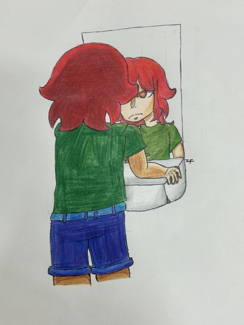 A person with red hair and a green shirt looking into a bathroom mirror, holding onto the sink. The medium used seems to be colored pencil.