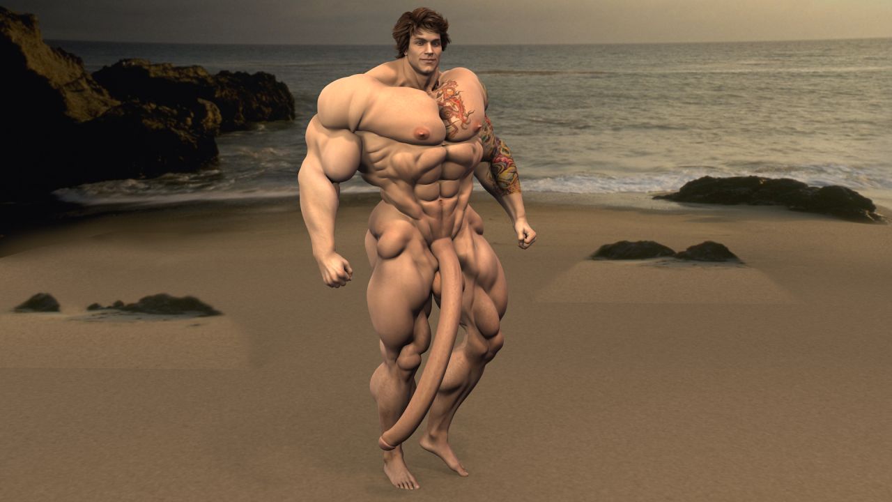 A quick render of a well hung beach bodybuilder. His cock flops and bounces on his