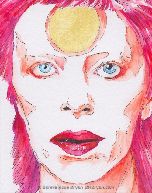 “Wonderful”portrait of Ziggy Stardust / David Bowieink pen, watercolour crayon, and eye shadow on A4