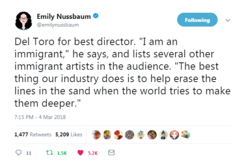 “Del Toro for best director. &ldquo;I am an immigrant,&rdquo; he says, and lists several other immig