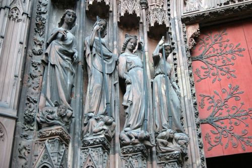 Gothic female sculptures on Cathedral of Strasbourg’s facade, c. 13th-14th century