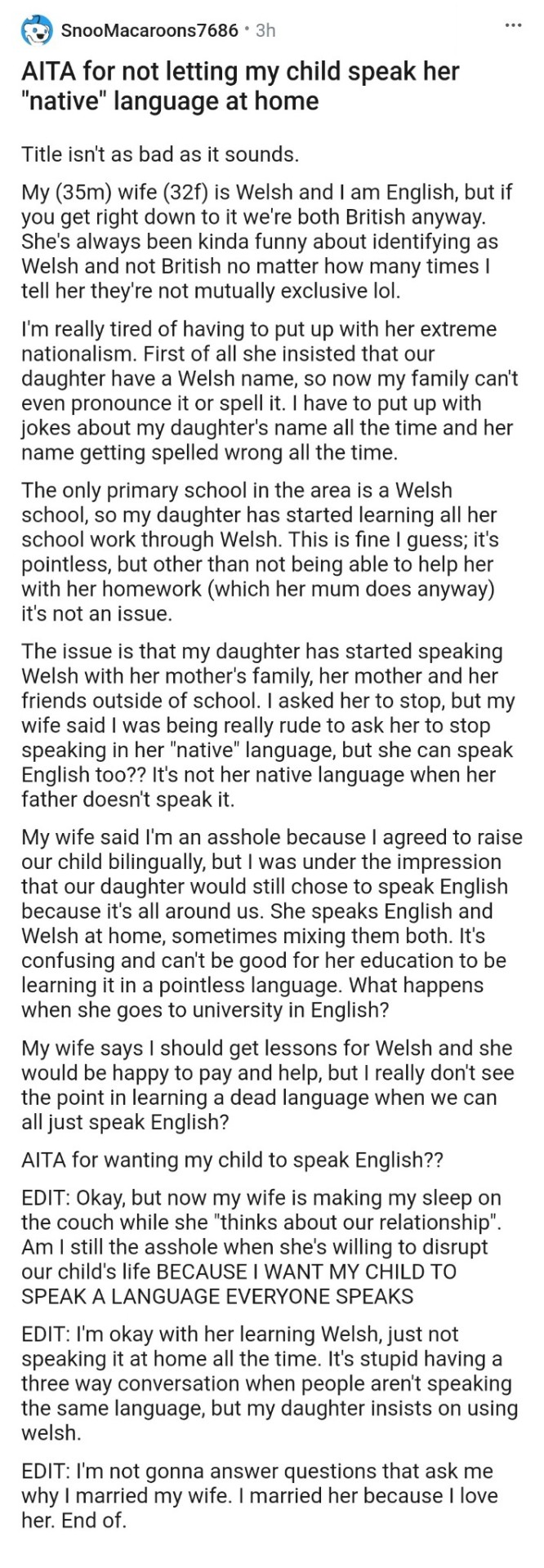 urbanfantasyinspiration:celtic-pyro:cutthroatchorus:female-twink-deactivated2021032:queerautism:queerautism:On the topic of English people being shitheads towards Welsh people - This fucking dude today on AITAYeah pretty sure we’re all hoping for