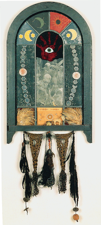 Betye Saar — 9 Mojo Secrets  (mixed media and materials in vintage window, 1971)