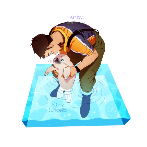 suncelia-art: Daichi with a baby seal