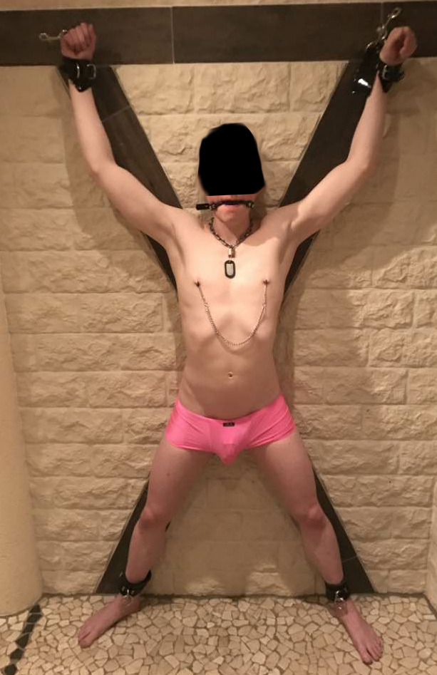 slave2megamaster4u:This is a recent picture of me tied up by my Master on a St. Andrew’s