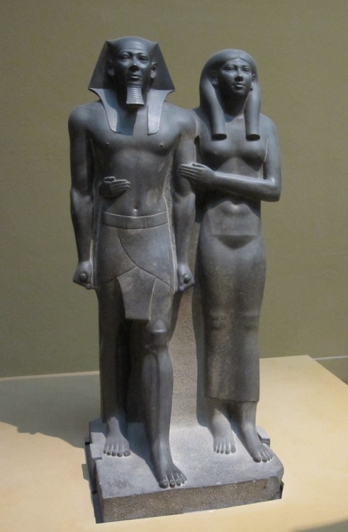 Greywacke portrait statue of the 4th Dynasty pharaoh Menkaure/Menkaura and his queen Khamerernebty I