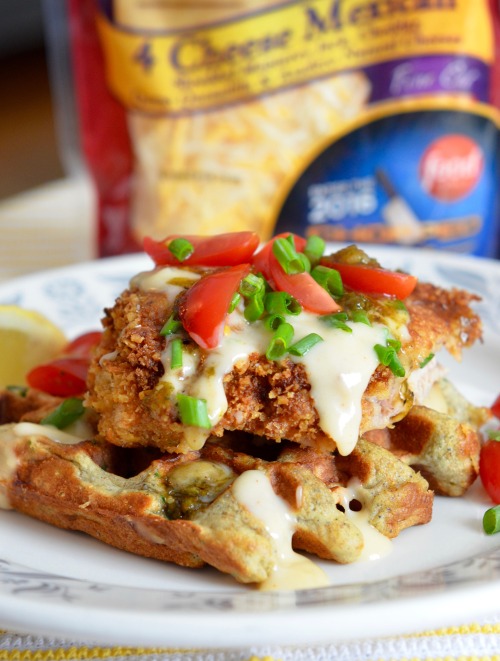 Quatro Queso Chicken & Waffles, with Poblano Maple SalsaI made this dish for a contest sponsored