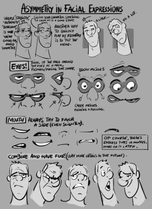 grizandnorm:  Tuesday Tips — Asymmetry in facial expressions.A lot of times, asymmetry will bring energy and movement to a pose or composition. More specifically, I feel like breaking the symmetry of a character’s expression is key to bring interest