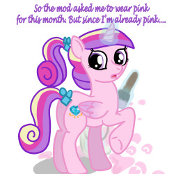 teenprincesscadance:  ((Here’s a little tribute I put together for this month. The ponies do not know why they are being asked to be pink, because in my happy little mind there is no cancer in Equestria. I lost my mom to a second cancer complication