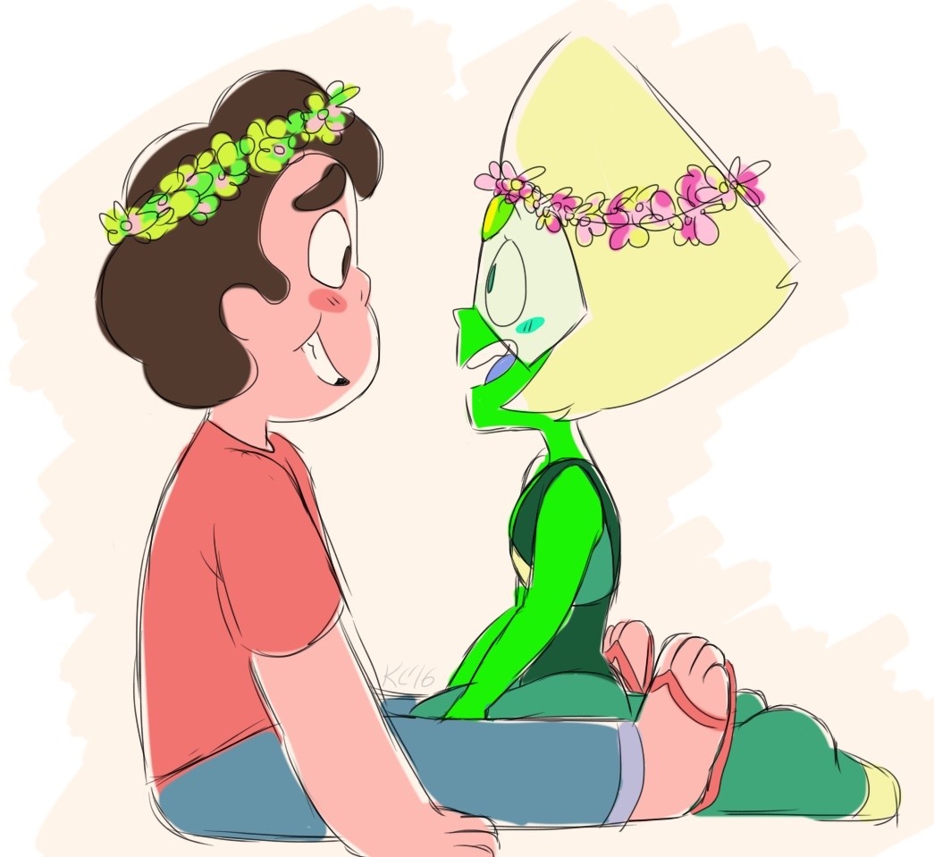 kristenchad:  @eyebrowed-justice : Can you draw steven and peridot in flower crowns?