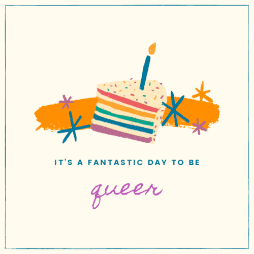 queerplatonicpositivity: [ ID: An animated .gf with a piece of cake with rainbow layers and a candle