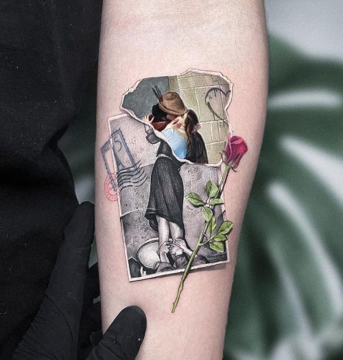 ig: kozo_tattoo kiss;man;portrait;rose;stamp;woman