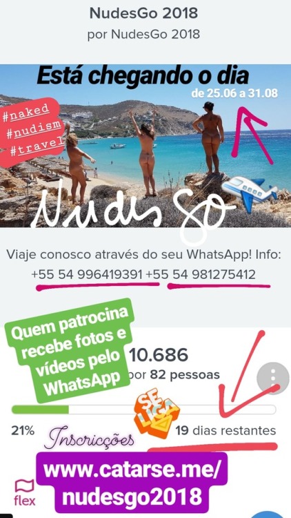 Últimos dias para se inscrever e acompanhar nossas fotos e vídeos pelo WhatsApp do NudesGo 2018www.c