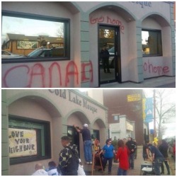 stunningpicture:  Canadians rally to paint over a mosque in Cold Lake, AB that was vandalized last night with spray paint saying “Go Home.”