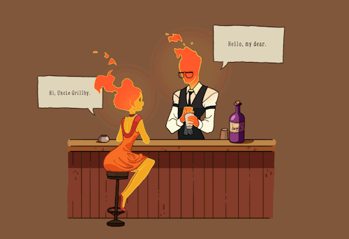 gangberry:  Flame princess in Grillby’s bar. 가끔 그릴비 삼촌한테 상담 받는 화염공주 