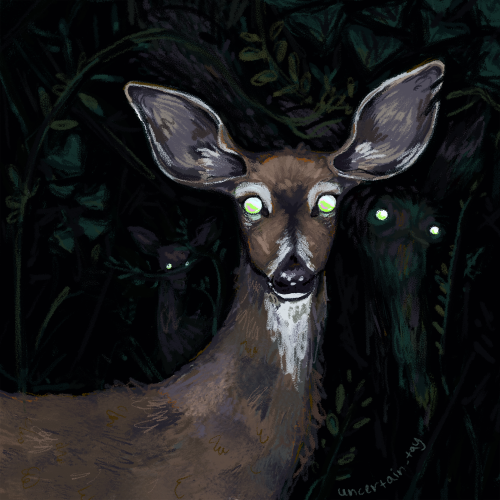 A deer in a forest with glowing eyes. Another long-necked, deer-like creature peers out from behind it eerily.