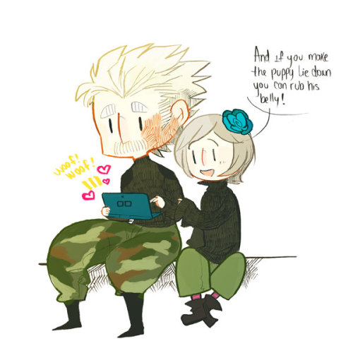 blusteps:Sunny teaching Snake how to play Nintendogs and Snake obviously picking all the husky puppi