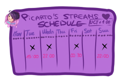 Picarto streams schedule :3I don’t stream every day but i’m streaming this days at this hours : ]Free days not marked with X i will be doing comissions or sketches for the stream, thank you! if you’re not following me on picarto yet, follow me