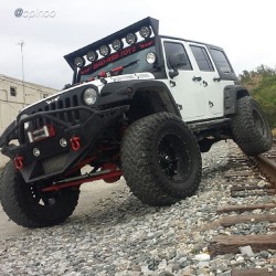 jeepbeef:  😍 😍 😍 by @cpinoo “My #BADASSTOYZ ! #jeep #jk #2011 #40s #lifted #lights #bumpers #custom #everything #flex #flexyfriday #railroadtracks #white #black #red #40club #40s #toyotires #rims #fuelhostage #fuelrims #20s #ampresearch #winch