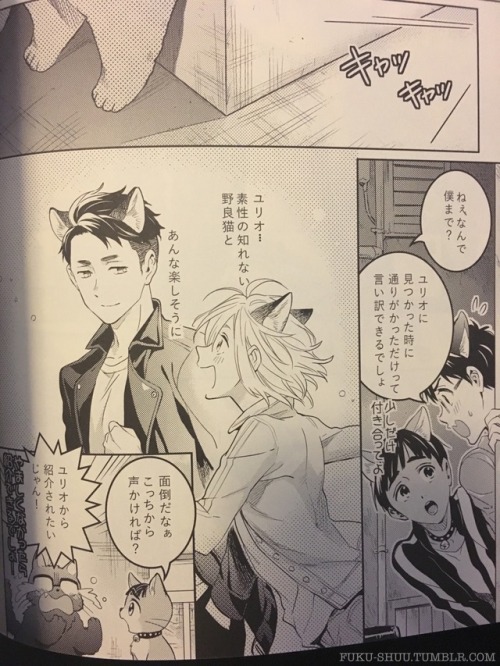 Got this new doujin (Volume 3 of Zooya’s cat!YOI series which I absolutely love), and I just had to share all the pages with “Bekat” (Who is a stray while the others are house cats) because he looks so. Damn. Cool. And. Handsome. Very DJ!Otabek-like!And